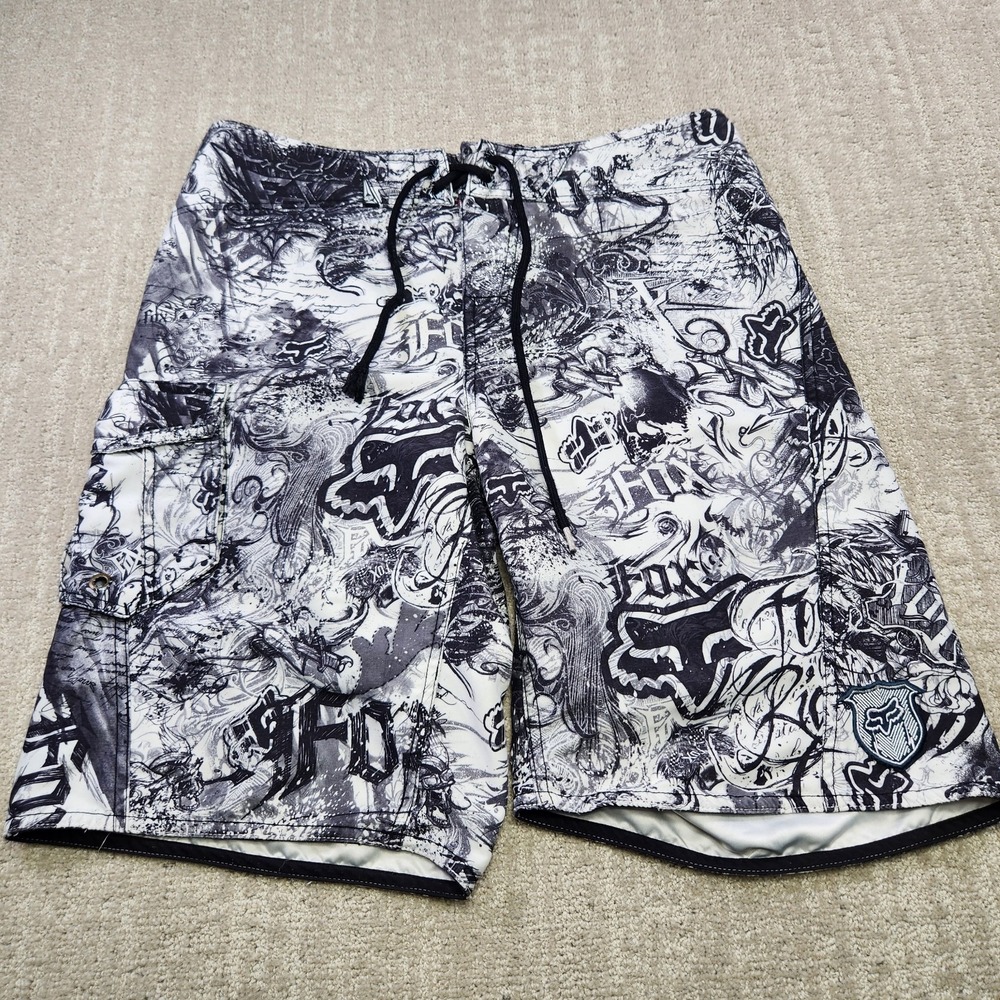 Fox Racing Board Shorts Men 34 AOP Motorcycle Dirtbike Motocross Y2K Black Surf